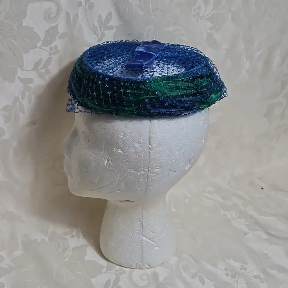 Vintage Blue and Green Feathered Netted Women's Hat with Bow